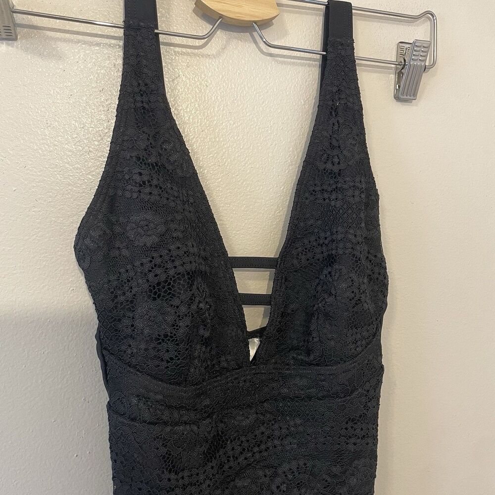 NWT Peek And Beau Plunge One Piece Swim Suit Black Lace Sz 30DD - Picture 2 of 7